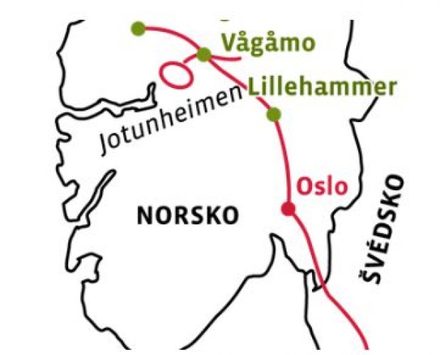 Situační mapka zájezdu Norsko v pohorkách i na raftu - prázdniny u Vikingů