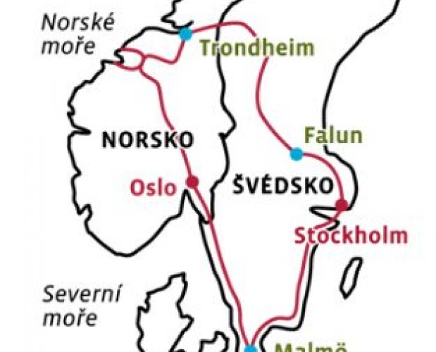Situační mapka zájezdu Norskem a Švédskem v pohorkách i na raftu